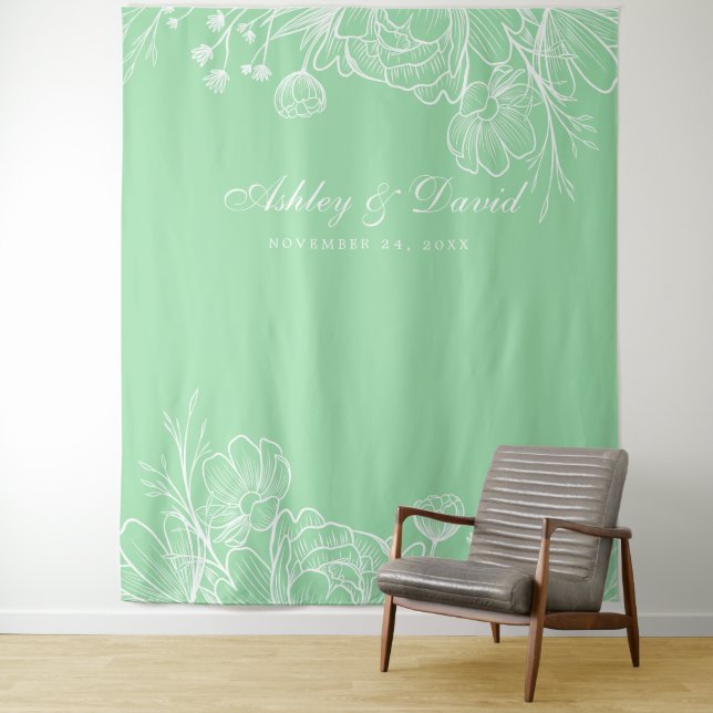 Neo Mint Modern White Floral Photo Booth Backdrop Tapestry (In Situ)