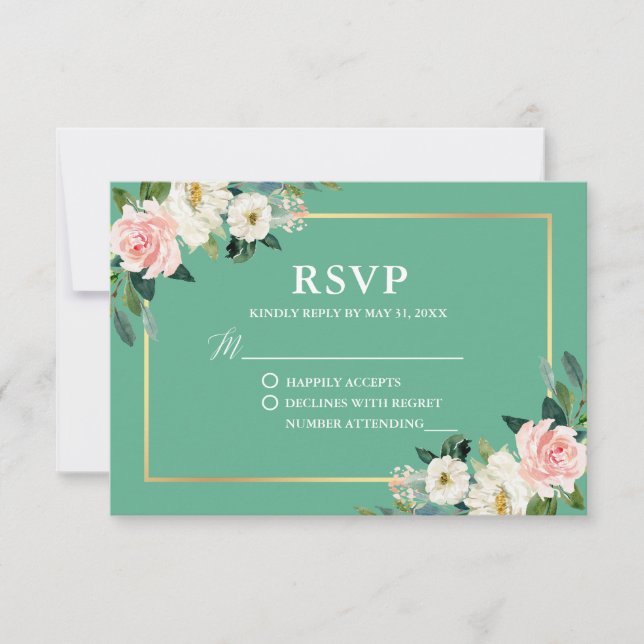 Neo Mint Pink White Floral Gold Wedding RSVP (Front)