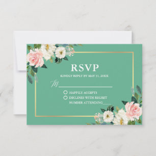 Neo Mint Pink White Floral Gold Wedding RSVP Card