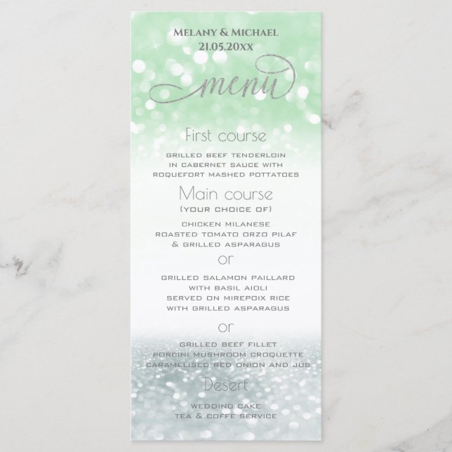 Neo mint silver chic glittery trendy calligraphy menu (Front)
