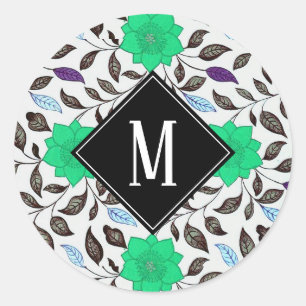 Neo Mint Vintage Floral Poppy Pattern Monogram  Classic Round Sticker