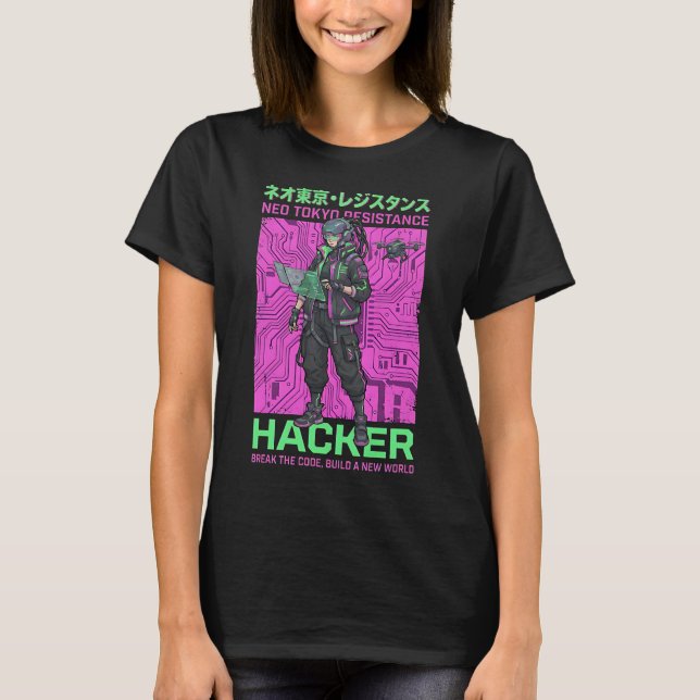 Neo Tokyo Resistance Hacker – Cyberpunk Futurist  T-Shirt (Front)