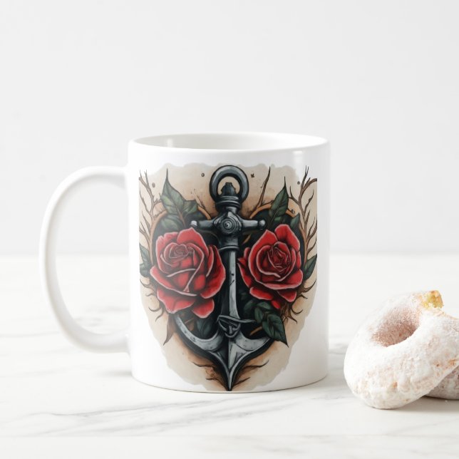 Neo-Traditional Rose, and Anchor Tattoo Coffee Mug (With Donut)