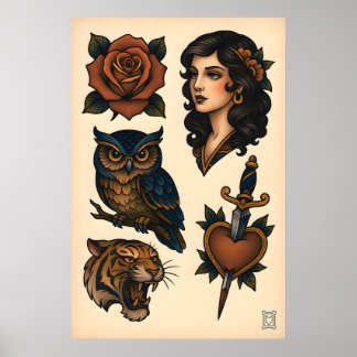 Neo-Traditional Tattoo Flash Sheet Matte  Art Poster