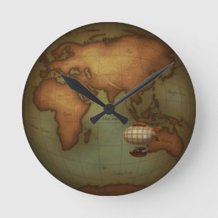 Neo-Victorian Aeronauts Western Hemisphere Map Round Clock