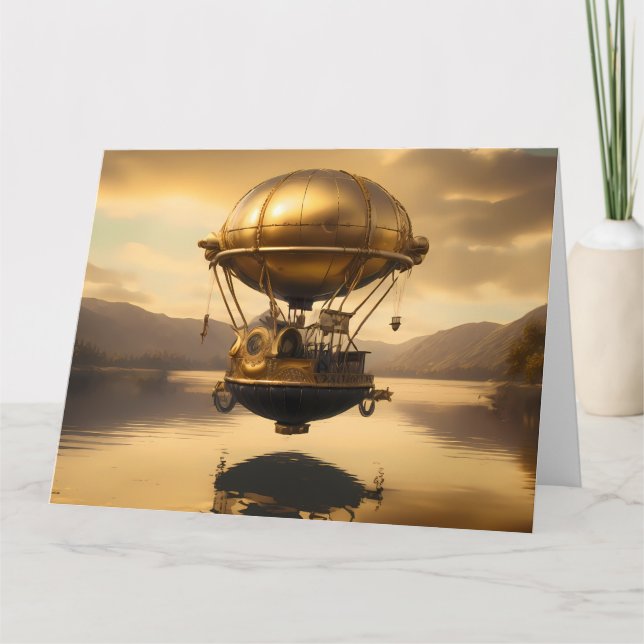 Neo-Victorian Steampunk Balloon over Lake Card (Front)
