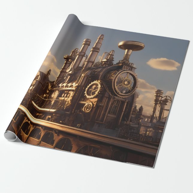 Neo-Victorian Steampunk Power Plant Wrapping Paper (Unrolled)