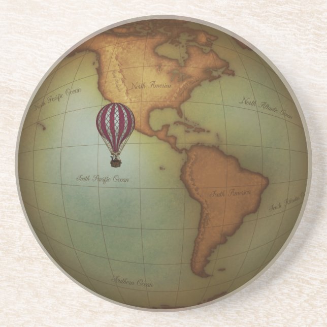 Neo-Victorian World Map Steampunk Hot Air Balloon Coaster (Front)
