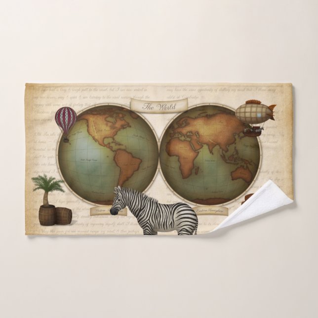 Neo-Victorian World Traveller Atlas Steampunk Map Bath Towel Set (Hand Towel)