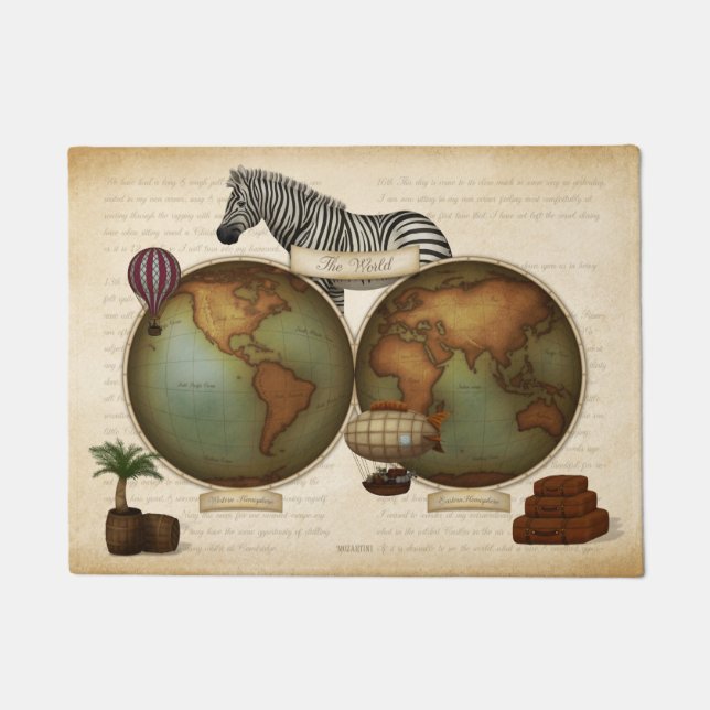 Neo-Victorian World Traveller Atlas Steampunk Map Doormat (Front)