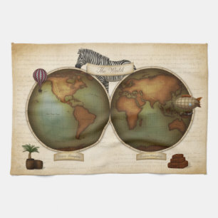 Neo-Victorian World Traveller Atlas Steampunk Map Tea Towel
