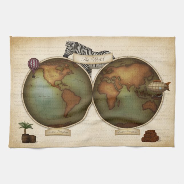 Neo-Victorian World Traveller Atlas Steampunk Map Tea Towel (Horizontal)