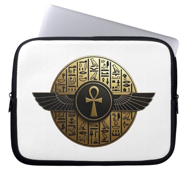 NeoAnkh 3D Golden Winged Ankh & Hieroglyphs Laptop Sleeve (Front)