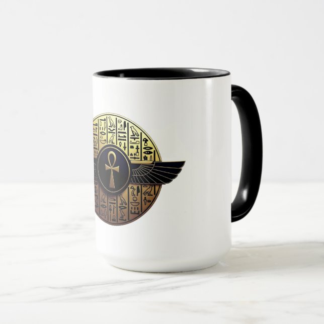 NeoAnkh 3D Golden Winged Ankh & Hieroglyphs Mug (Front Right)