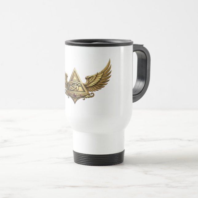 NeoAnkh Egyptian Eye of Horus Gold Winged Pyramid Travel Mug (Front Right)