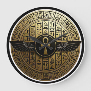 NeoAnkh Golden Ankh & Winged Sun Disk Hieroglyphic Large Clock