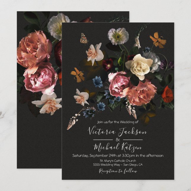 Neoclassical Floral Dark & Moody Wedding Invitation (Front/Back)