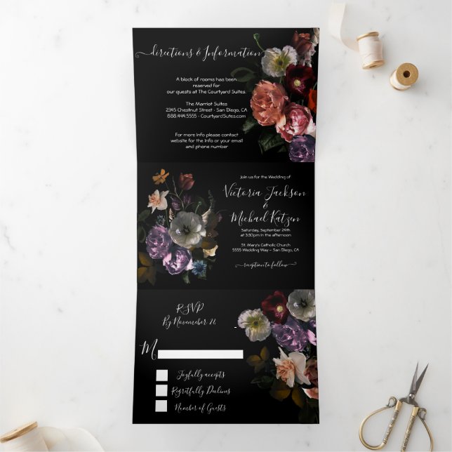 Neoclassical Moonlight Floral Dark & Moody Wedding Tri-Fold Invitation (Inside)