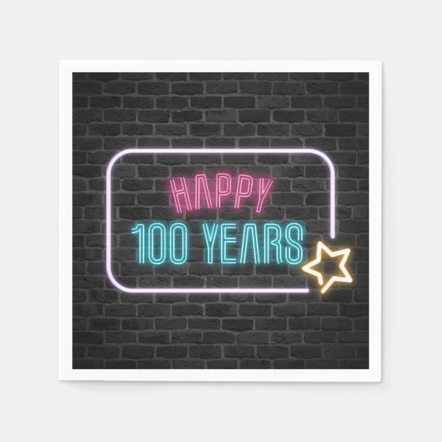 Neon 100th Birthday Marquee On Brick Napkins (Front)