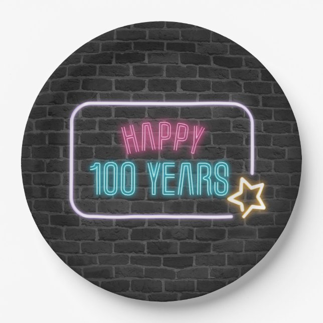Neon 100th Birthday Marquee On Brick Paper Plate (Front)