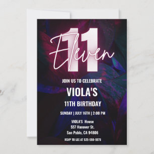Neon 11th Birthday   Invitation