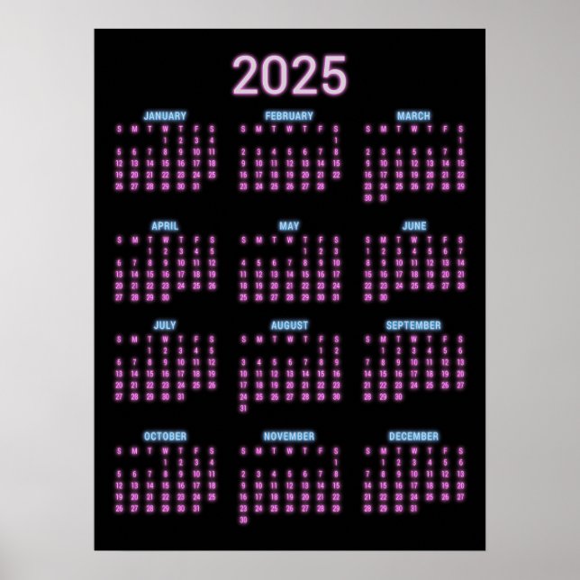 Neon 2025 Calendar  Poster (Front)