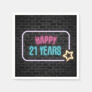 Neon 21st Birthday Marquee On Brick Wall  Napkin