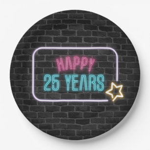 Neon 25th Birthday Marquee On Brick Paper Plate