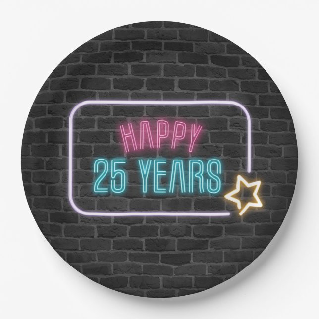 Neon 25th Birthday Marquee On Brick Paper Plate (Front)