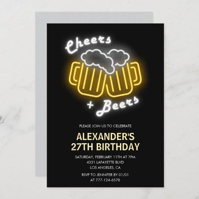 Neon 27th birthday invitation Cheers and Beers (Front/Back)