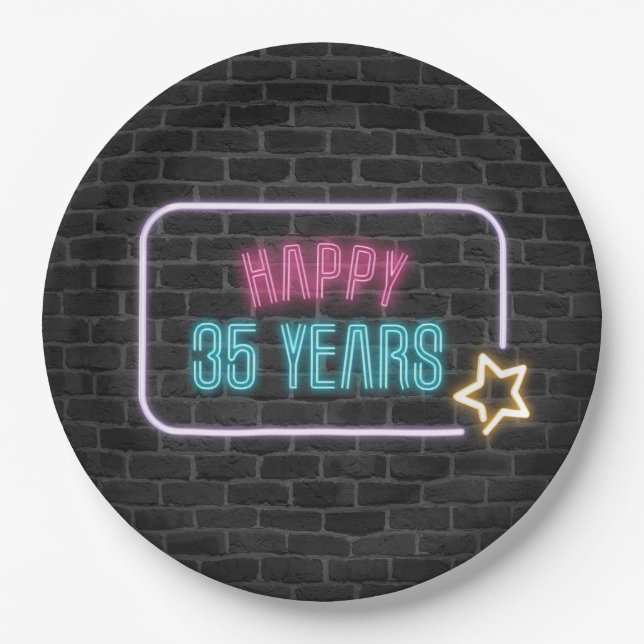 Neon 35th Birthday Marquee On Brick Wall  Paper Plate (Front)