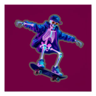 Neon 3D Skeleton Skateboarding – Funny Streetwear Poster