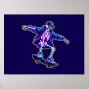 Neon 3D Skeleton Skateboarding – Funny Streetwear Poster