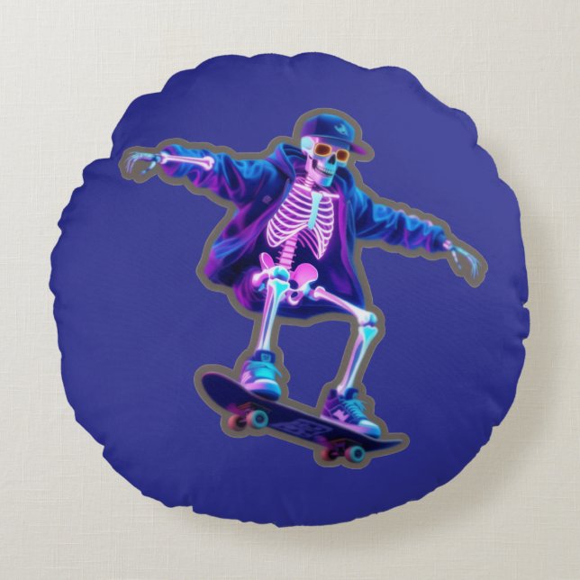 Neon 3D Skeleton Skateboarding – Funny Streetwear  Round Cushion (Front)