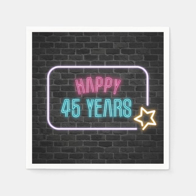 Neon 45th Birthday Marquee On Brick Wall Napkin (Front)