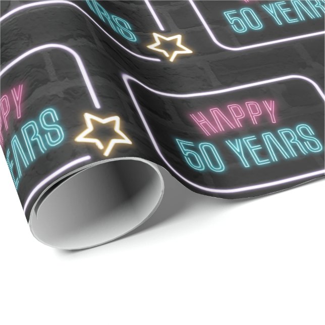 Neon 50th Birthday Marquee On Brick Wrapping Paper (Roll Corner)