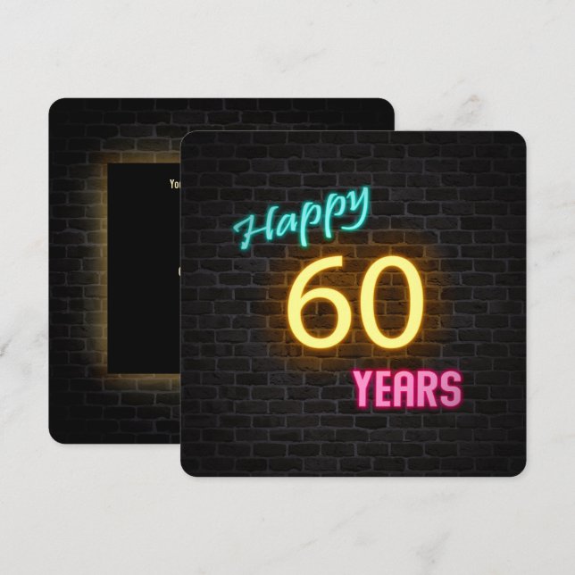 Neon 60th Birthday Sign glowing on brick Invitation (Front/Back)