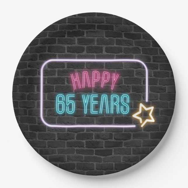 Neon 65th Birthday Marquee On Brick Wall Paper Plate (Front)