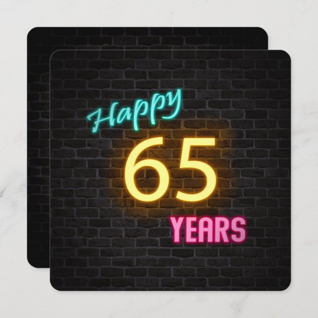 Neon 65th Birthday Sign glowing on brick Invitation (Front/Back)