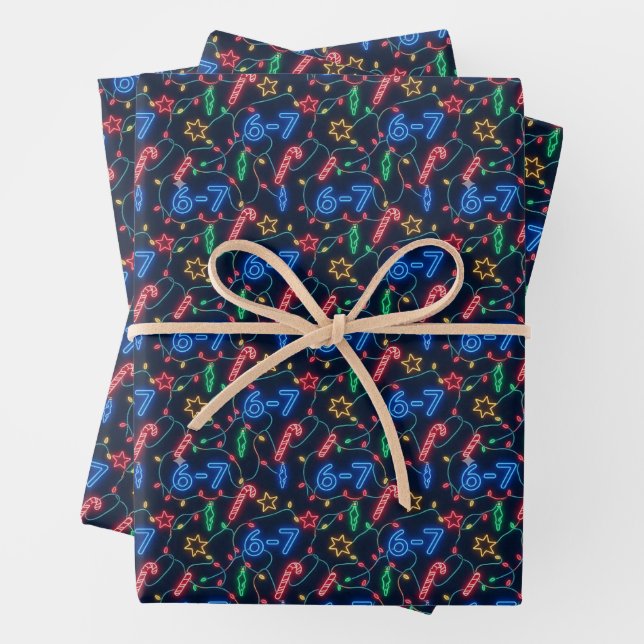 Neon 67 Meme Christmas Funny Xmas Lights Wrapping Paper Sheet (In situ)