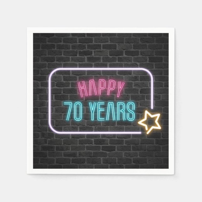 Neon 70th Birthday Marquee On Brick Wall  Napkin (Front)