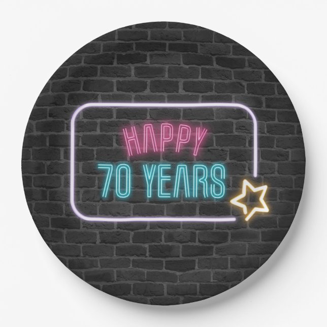Neon 70th Birthday Marquee On Brick Wall Paper Plate (Front)
