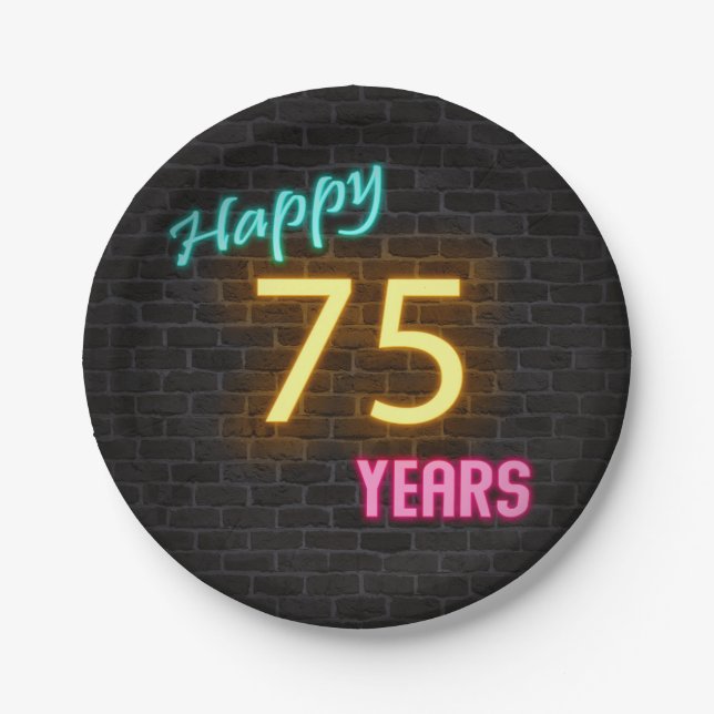 Neon 75 sign on brick wall paper plate (Front)