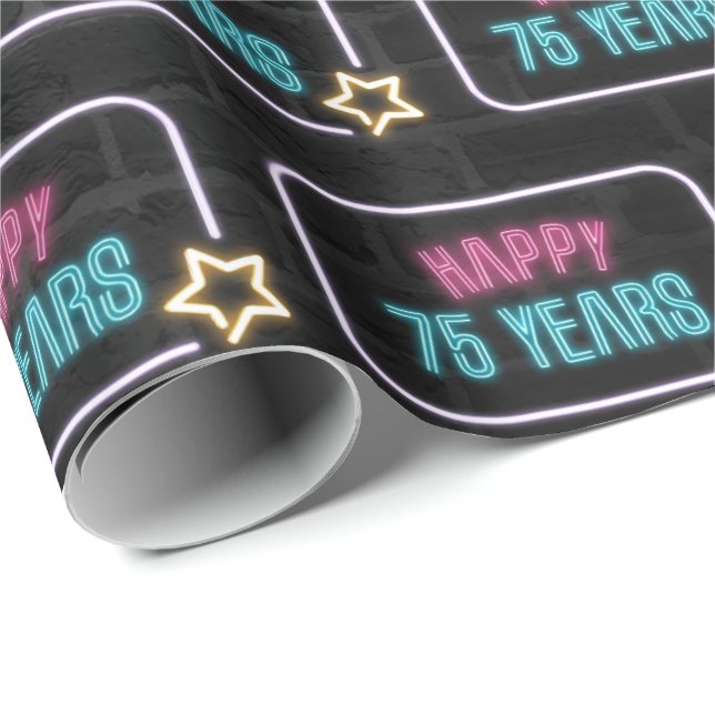 Neon 75th Birthday Marquee On Brick Wrapping Paper (Roll Corner)