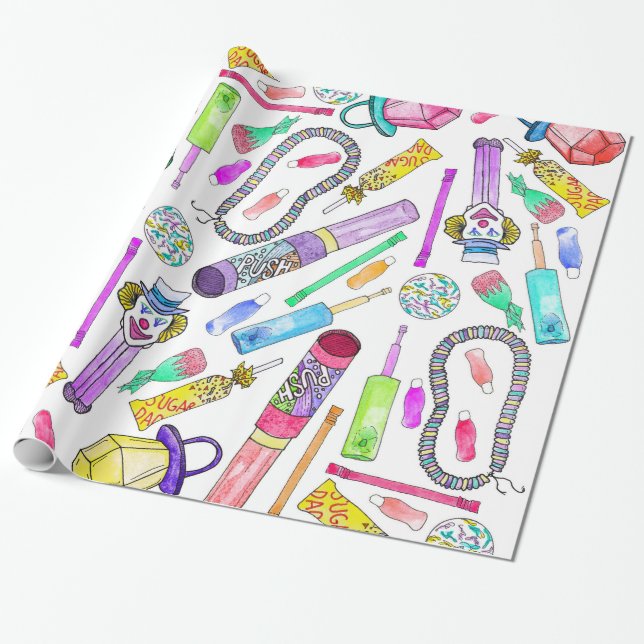 Neon 80's 90's Retro Funny Candy Pattern Wrapping Paper (Unrolled)