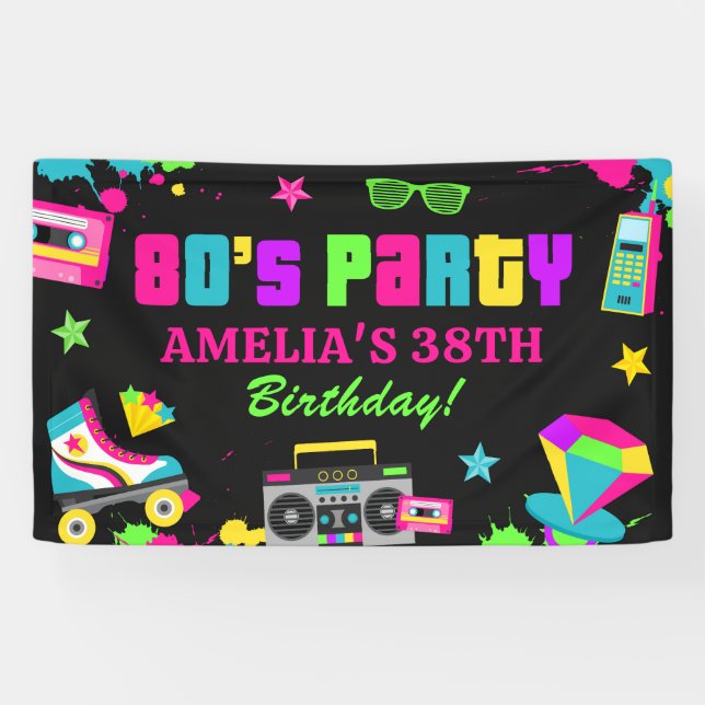 Neon 80's Birthday Party Banner Retro Any Age (Horizontal)