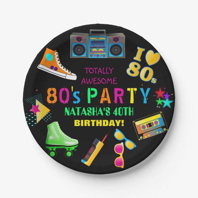 Neon 80's Birthday Party Paper Plate (Front)