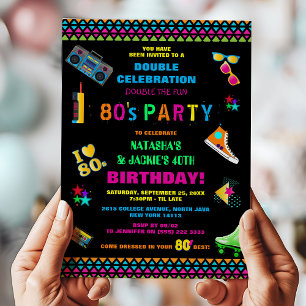 Neon 80's Joint Birthday Party Invitation