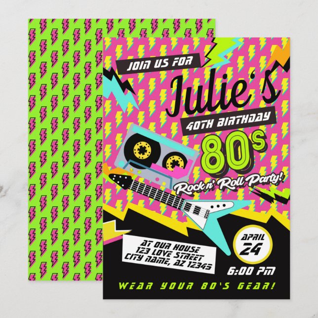 Neon 80's Rock n' Roll Birthday Party Invitation (Front/Back)