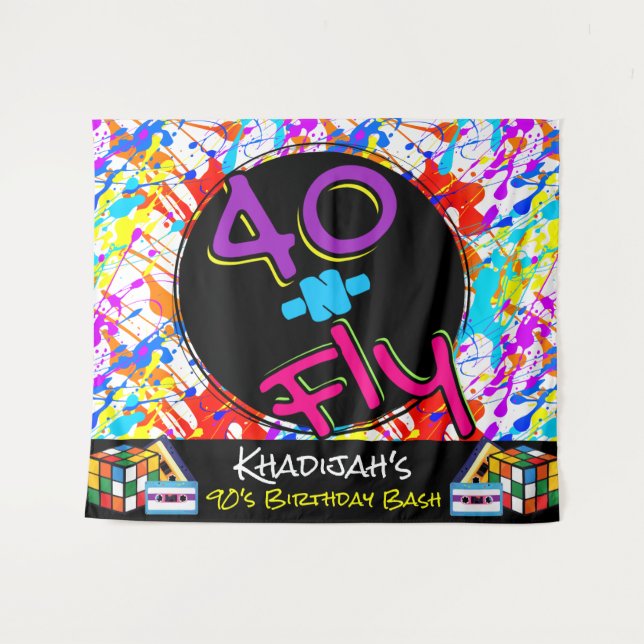 Neon 80's Theme |40 and Fly Hip Hop 40th Birthday Tapestry (Front (Horizontal))